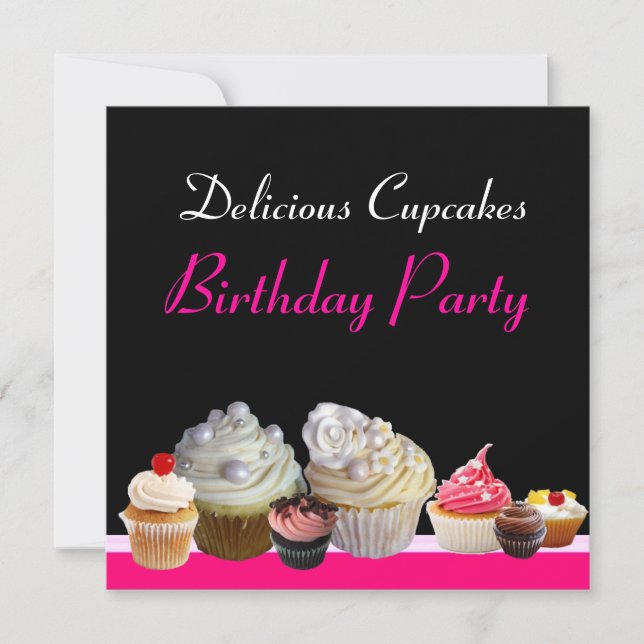 Invitation DÉLICIEUX CUPCAKES ANNIVERSAIRE FÊTE rose rouge no (Devant)