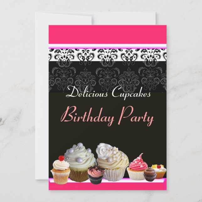 Invitation DÉLICIEUX CUPCAKES ANNIVERSAIRE FÊTE, rouge rose n (Devant)