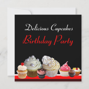 Invitation DÉLICIEUX CUPCAKES ANNIVERSAIRE FÊTE, rouge rose n