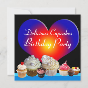 Invitation DÉLICIEUX CUPCAKES ANNIVERSAIRE PARTI bleu coeur r
