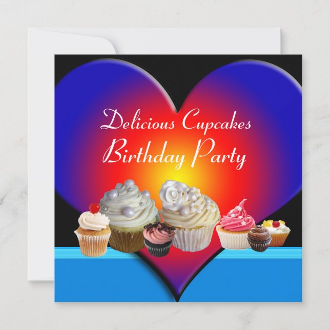 Invitation DÉLICIEUX CUPCAKES ANNIVERSAIRE PARTI Bleu Coeur r (Devant)