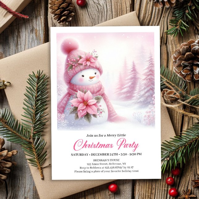 Invitation Delightful Snowy Forest Pink Snowman Kids Invite  (Delightful Snowy Forest Pink Snowman Kids Invite Digital)