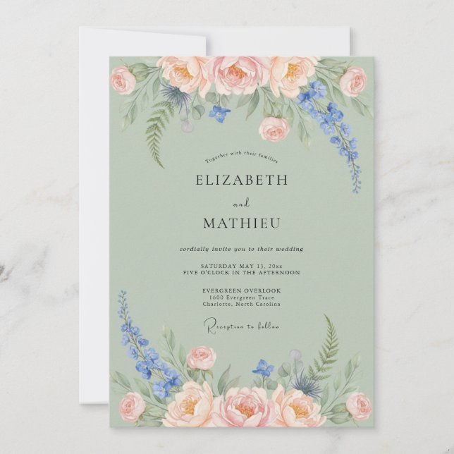 Invitation Delphinium Romance Mariage Vert Sauge et Pêche (Devant)