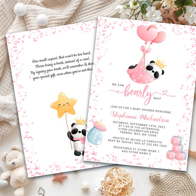 Invitation Demande de Baby shower d'attente précoce de la fil (Girl Panda Bearly Wait Baby Shower Book Request Invitation)