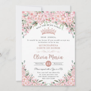 Invitation Demande de Dama Or Rose en fleurs de cerises Quinc