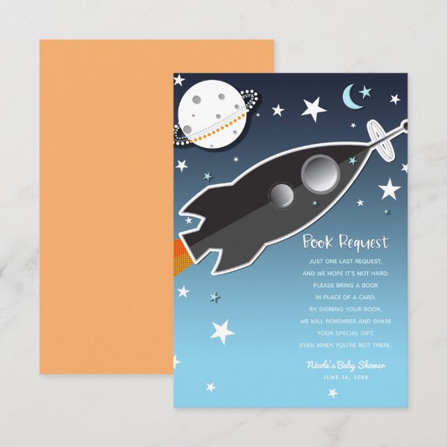 Invitation Demande de livre pour la baby shower : Fusée spati (Devant / Derrière)