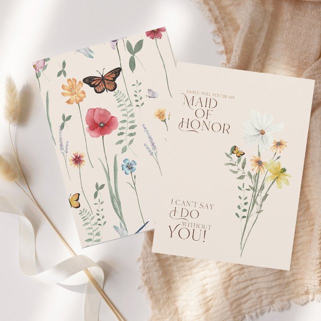Invitation Demande de témoin de mariage fantaisiste aux fleur (Simple Colorful Wildflower Floral Wedding Maid of Honor Proposal Card)