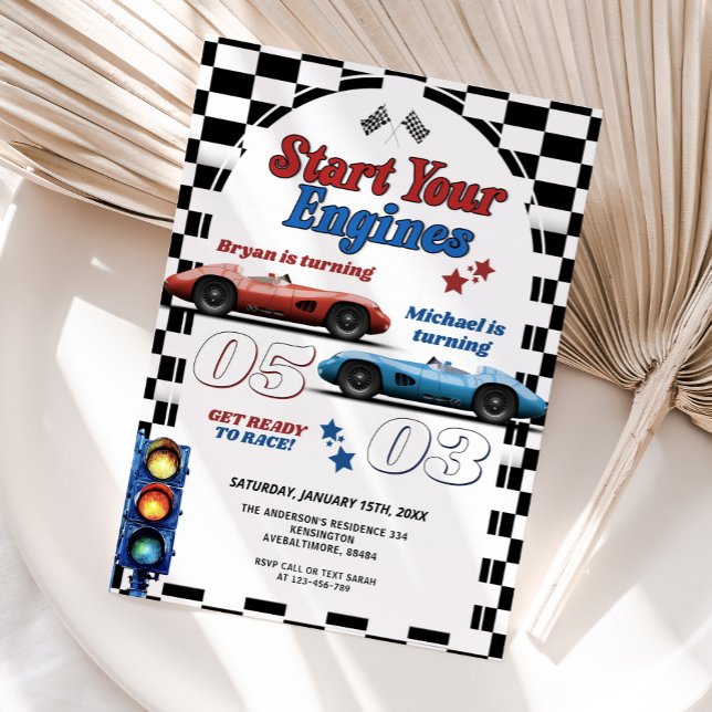 Invitation Démarrez vos moteurs Retro Race Car Double Anniver (Créateur téléchargé)
