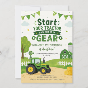 Invitation Démarrez Votre Tracteur Vert Anniversaire Garçon M
