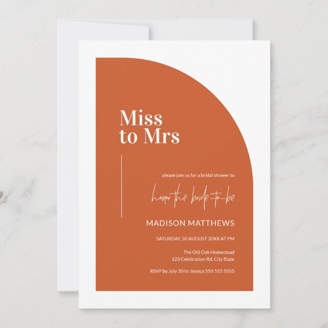 Invitation Demi-arc minimal orange Mlle à Mme Fête des mariée (Devant)
