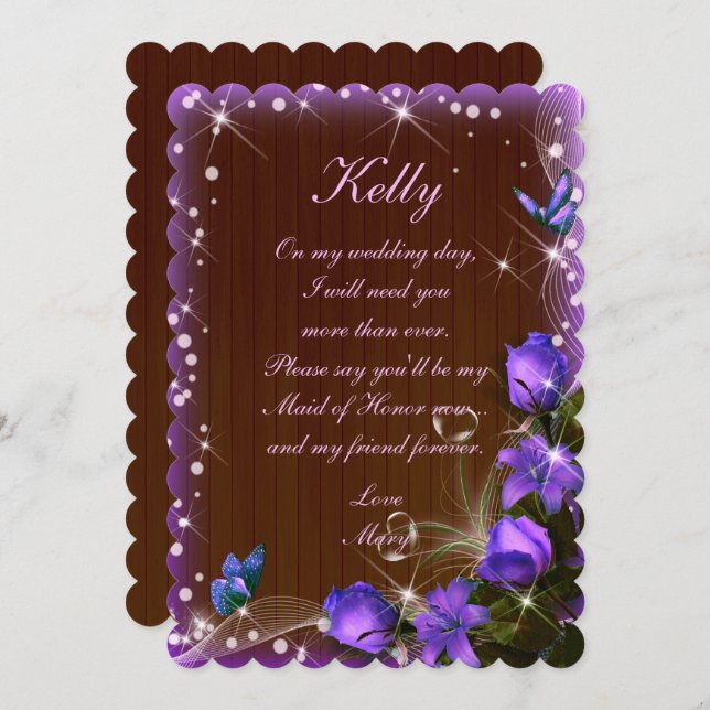 Invitation Demoiselle d'honneur aux fleurs violettes en bois  (Devant / Derrière)