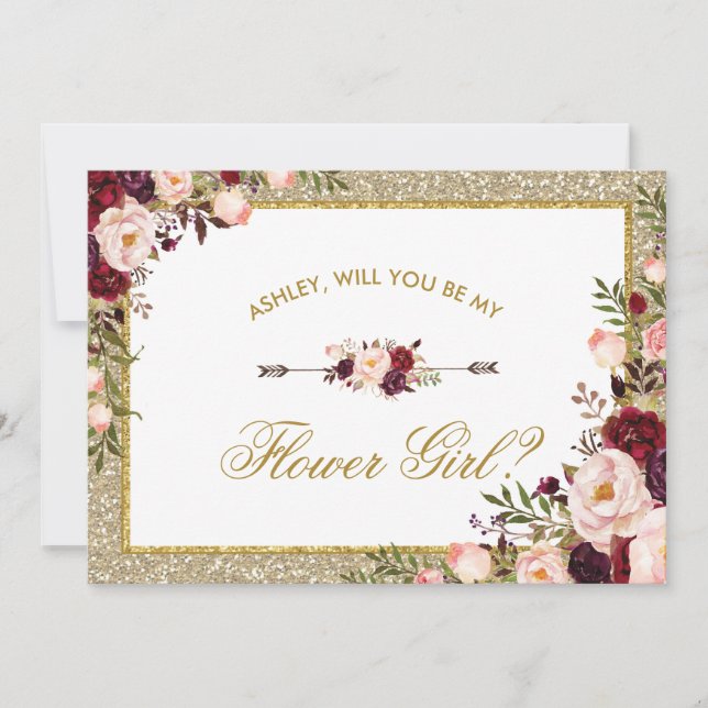 Invitation Demoiselle d'honneur Fleur de Glitter Or Rose Bour (Devant)