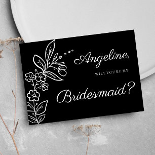 Invitation Demoiselle d'honneur florale élégante noire et bla