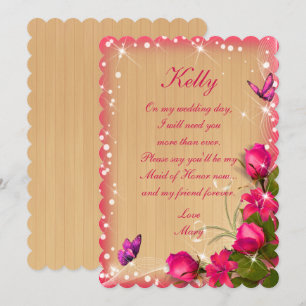 Invitation Demoiselle d'honneur papillon floral rose bois rus