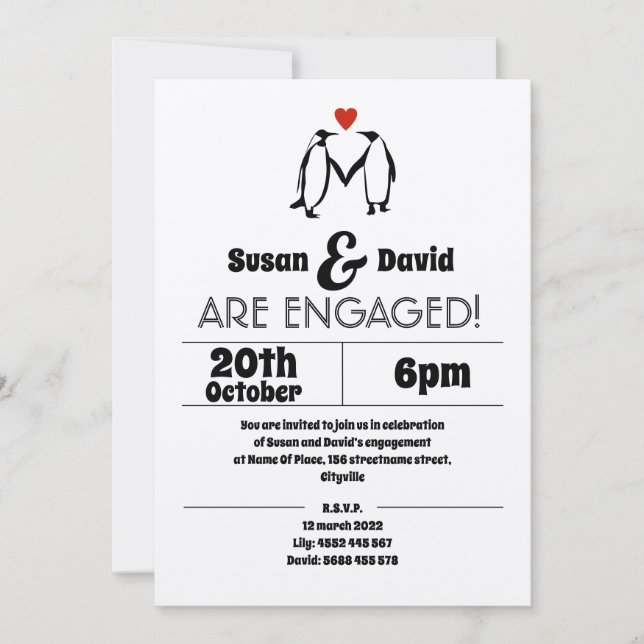 Invitation d'engagement de l'amour de pingouin (Devant)