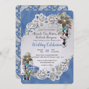 Invitation Denim avec dentelle de crème et bijoux costume