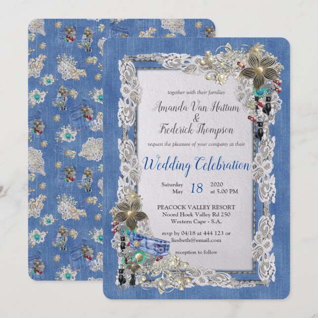 Invitation Denim avec dentelle de fleurs crème et bijoux fant (Devant / Derrière)