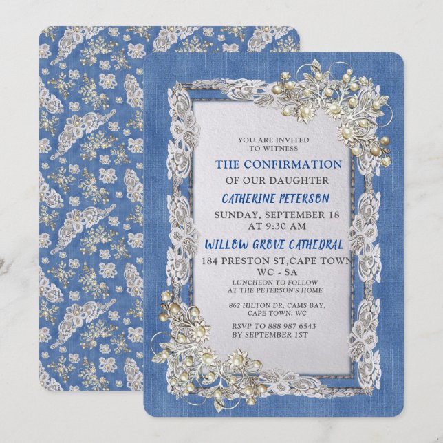 Invitation Denim avec dentelle de fleurs crème et perles (Devant / Derrière)