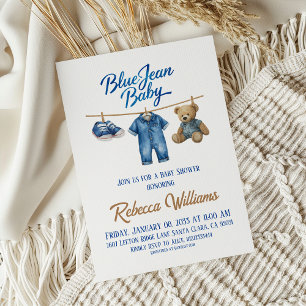 Invitation Denim Bear Clothesline Boy Blue Jean Baby shower