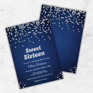 Invitation Denim bleu et diamants Sweet sixteen 16e anniversa