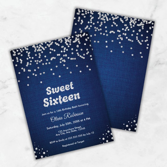 Invitation Denim bleu et diamants Sweet sixteen 16e anniversa (Blue Denim & Diamonds Sweet Sixteen 16th Birthday Invitation )