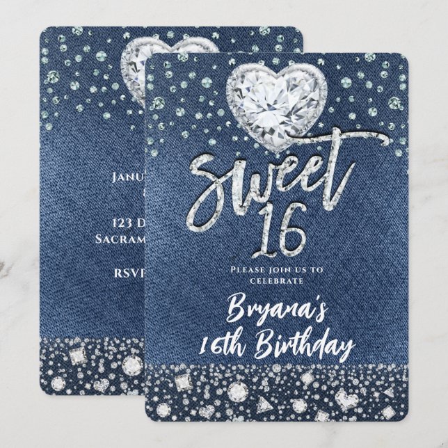 Invitation Denim & Bling Diamonds Fête d'anniversaire Sweet 1 (Devant / Derrière)
