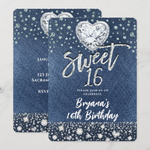 Invitation Denim & Bling Diamonds Sweet 16 Anniversaire