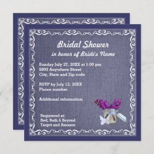 Invitation Denim Blue Burlap, Fleur violette, Jar Bride Douch
