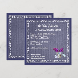 Invitation Denim Blue Burlap, Fleur violette, Jar Bride Douch