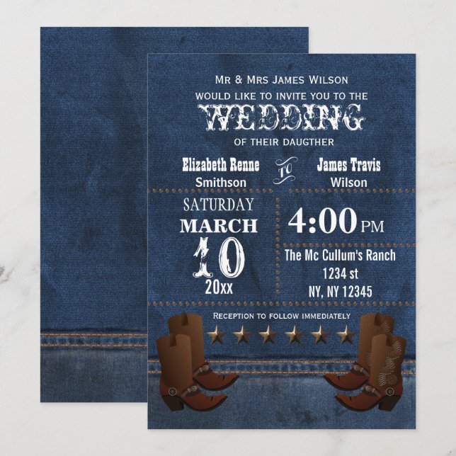 Invitation Denim Cowboy bottes Stars Occident mariage invite (Devant / Derrière)