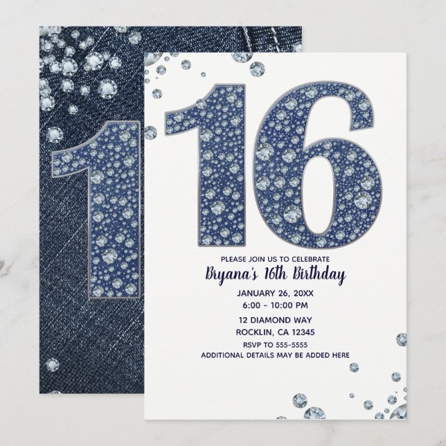 Invitation Denim & Diamants Bling Étincelle Douce 16e Anniver (Devant / Derrière)