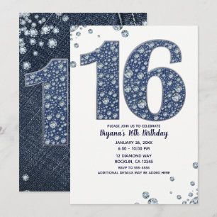 Invitation Denim & Diamants Bling Étincelle Douce 16e Anniver