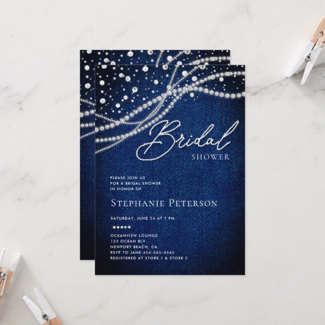 Invitation Denim Diamants Perles Bleu Blanc Shower de Mariage (Devant/Arrière en situation)