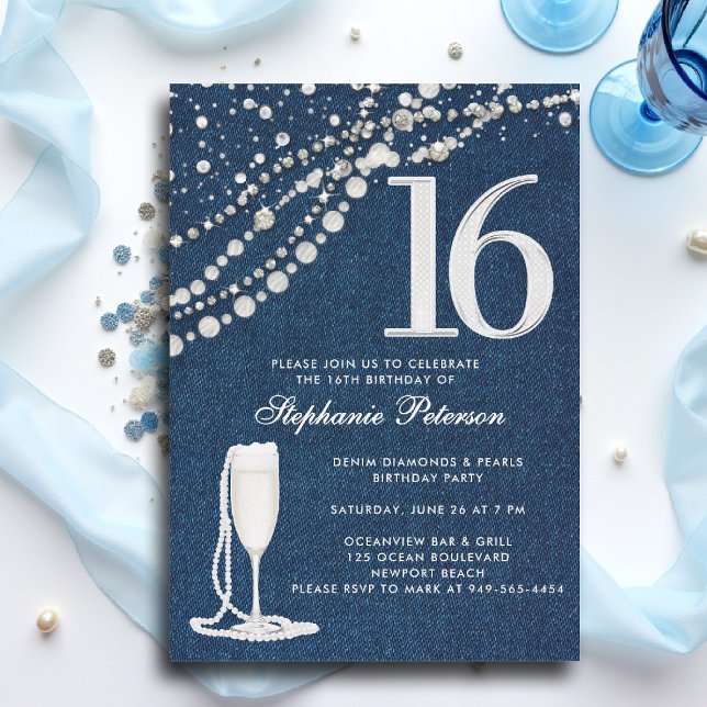 Invitation Denim Diamants Perles Champagne  ÉlégantSweet 16 (sweet 16 sixteen invitation denim diamonds pearls blue white champagne bling elegant classy photo)