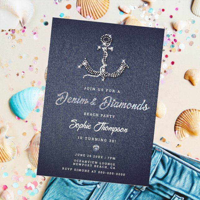 Invitation Denim Diamond Bling Ancre Nautique Anniversaire (denim and diamonds 30th birthday party invitation for women beach boat anchor bling elegant classy)