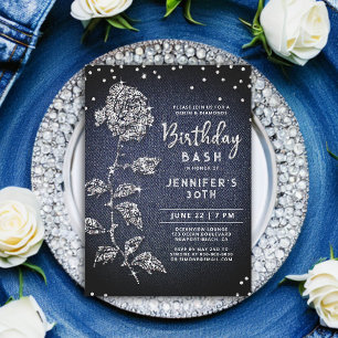 Invitation Denim Diamond Bling Rose Indigo Blue 30e anniversa