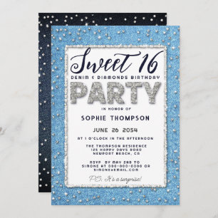 Invitation Denim Diamond Parties scintillant Cadre Sweet 16 P