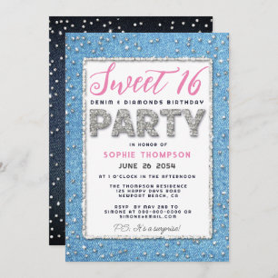 Invitation Denim Diamond Parties scintillant Cadre Sweet 16 P