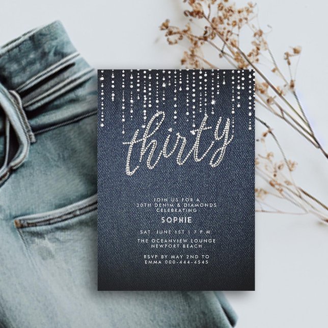 Invitation Denim Diamond Parties scintillant Drips moderne 30 (denim diamonds 30th birthday for women invitation glitter drippings drips modern calligraphy simple)