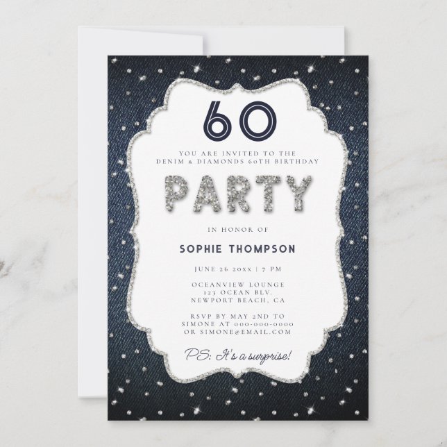 Invitation Denim Diamond Parties scintillant Frame 60e fête d (Devant)