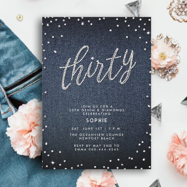 Invitation Denim Diamond Parties scintillant Simple moderne 3 (denim diamonds 30th birthday invitation for women modern calligraphy simple rhinestones classy)