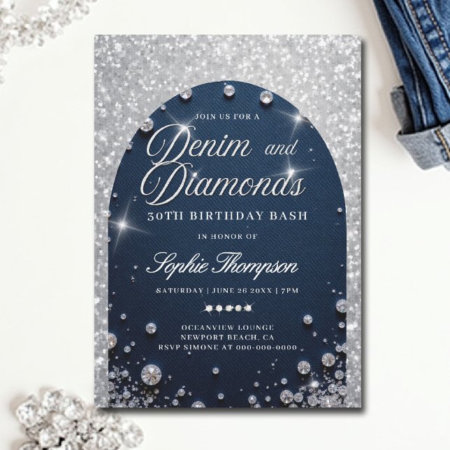 Invitation Denim Diamonds Arch Bling 30e Anniversaire (denim and diamonds birthday party invitations 30th 50th sweet 16 elegant classy blue white bling)