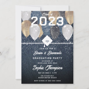 Invitation Denim Diamonds Balloons Étincelles Graduation Part