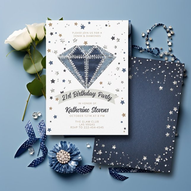 Invitation Denim Diamonds Blanc Bleu Parties scintillant 21e  (denim diamonds 21st birthday party invitation women white blue jeans rhinestones glitter stars class)