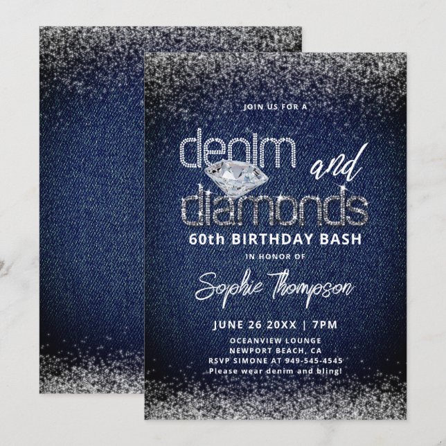 Invitation Denim Diamonds Bleu Blanc Élégant 60e Anniversaire (Devant / Derrière)
