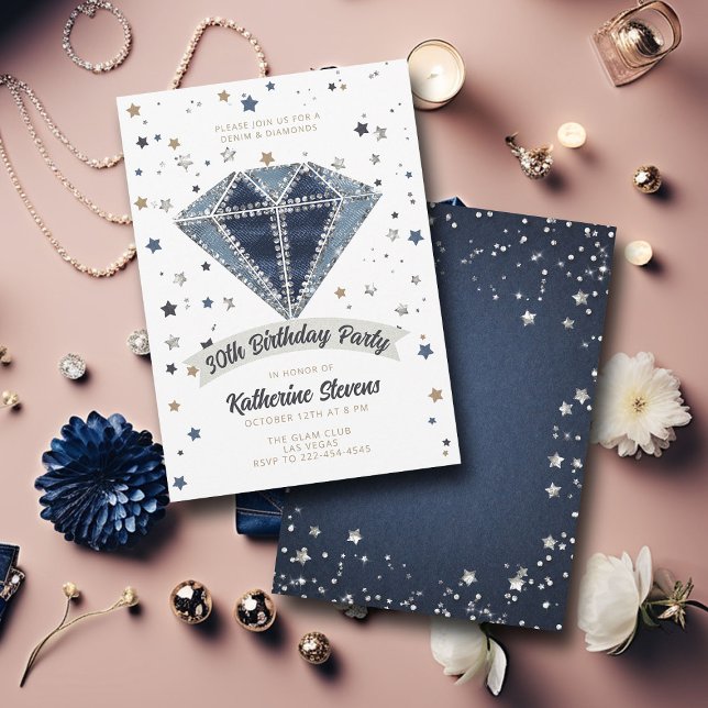 Invitation Denim Diamonds Bleu Blanc Parties scintillant 30e  (denim diamonds 30th birthday party invitation women white blue jeans rhinestones glitter star classy)