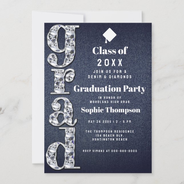 Invitation Denim Diamonds Bling 2023 Chic Graduation Party (Devant)