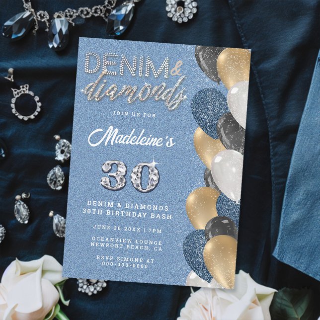 Invitation Denim Diamonds Bling Balloons Arch Anniversaire (denim and diamonds 30th birthday party invitation for women balloons arch elegant classy chic gold)