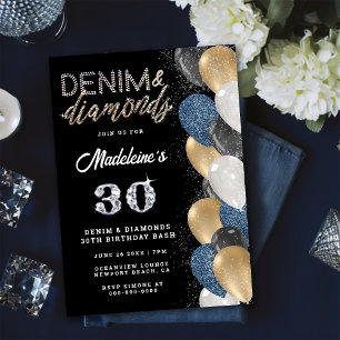 Invitation Denim Diamonds Bling Balloons Noir Anniversaire