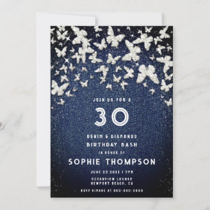 Invitation Denim Diamonds Bling Butterfly 30th Birthday Party